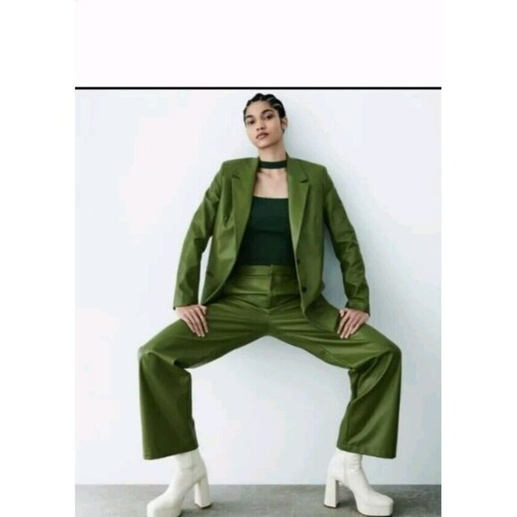 Zara Faux Leather Blazer Jacket Olive Green Size M 4432 740 - Picture 5 of 11